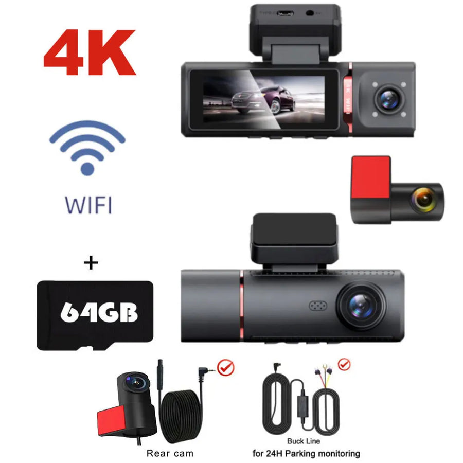 3 Channel Car DVR UHD 4K 3-Lens Inside Vehicle Dash Cam