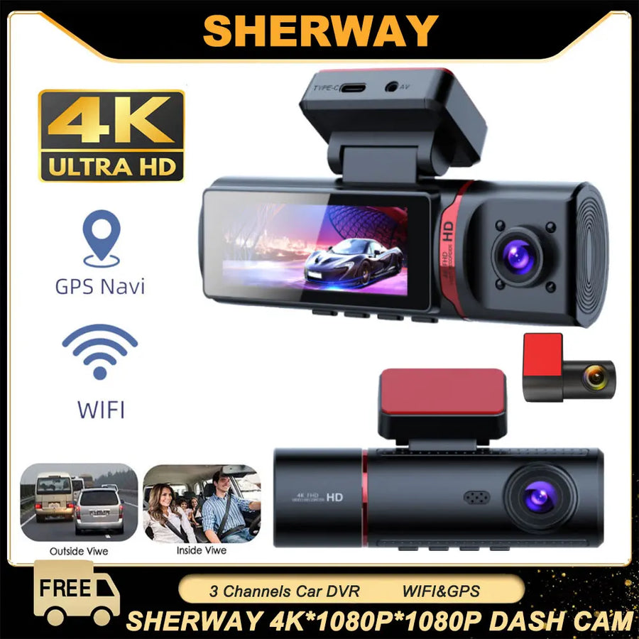 3 Channel Car DVR UHD 4K 3-Lens Inside Vehicle Dash Cam
